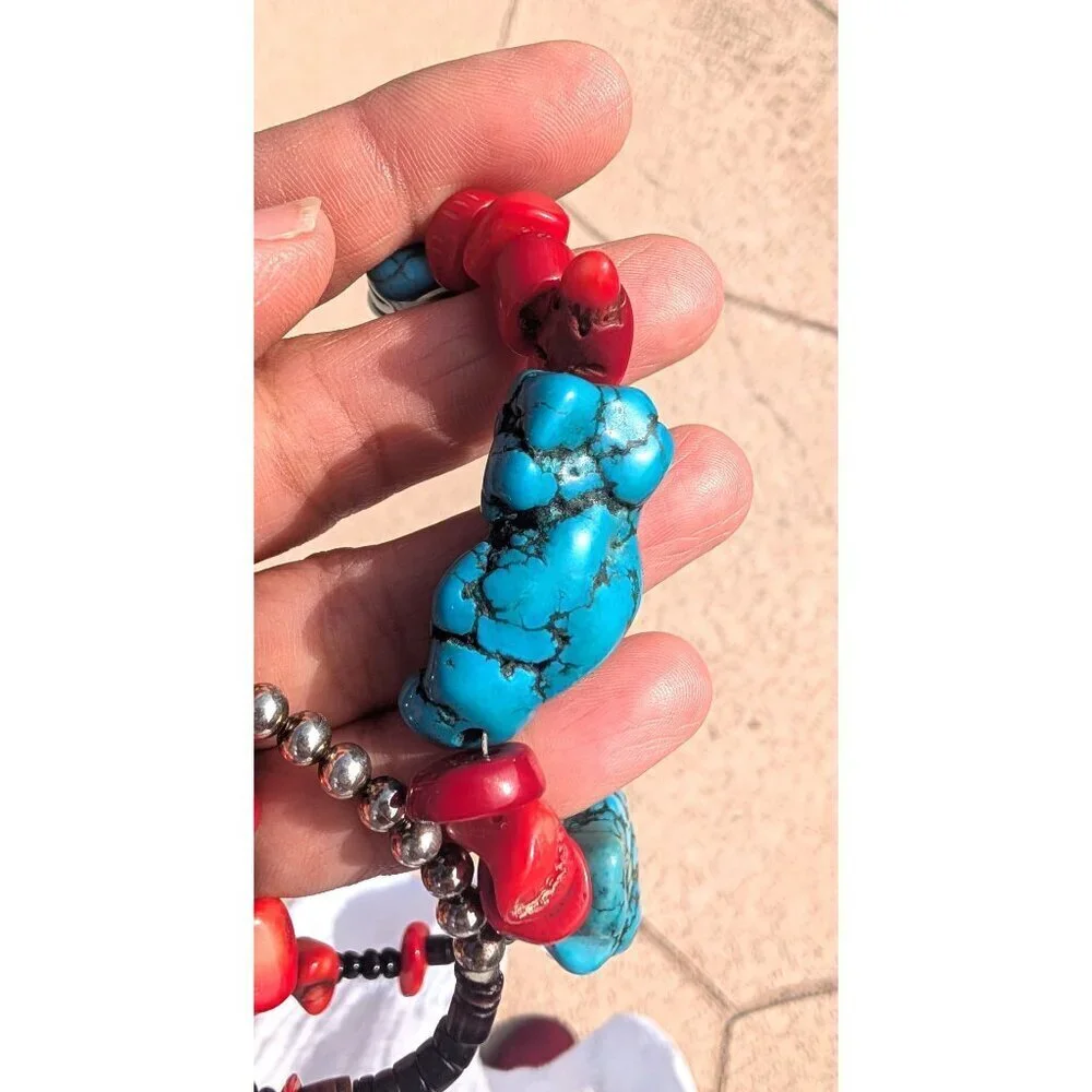 Vtg Turquoise & Red Coral Necklace Native American Style Silver Tone Handmade